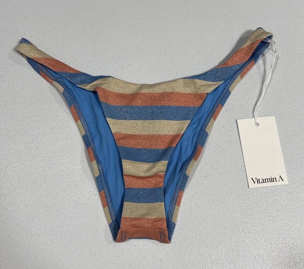 Vitamin A California Hi Leg Bikini Bottom Metallic Threads Multi Stripes Women L